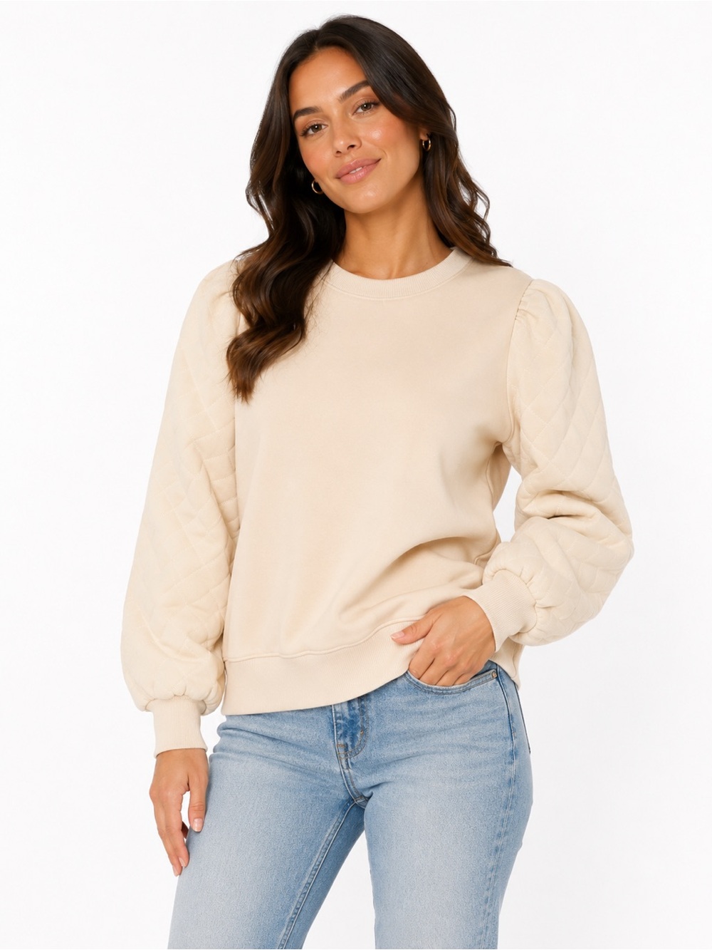 TCEC Size Large Cream Puff Quilted Sleeve Crewneck Sweatshirt